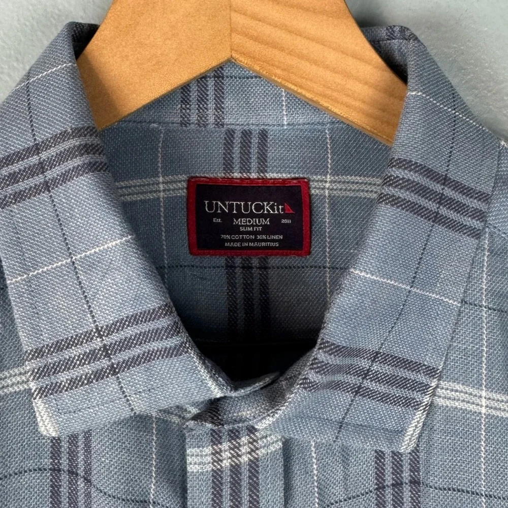 UNTUCKit Garzon Mens Medium Blue Plaid Cotton Linen Slim Fit Button Down Shirt